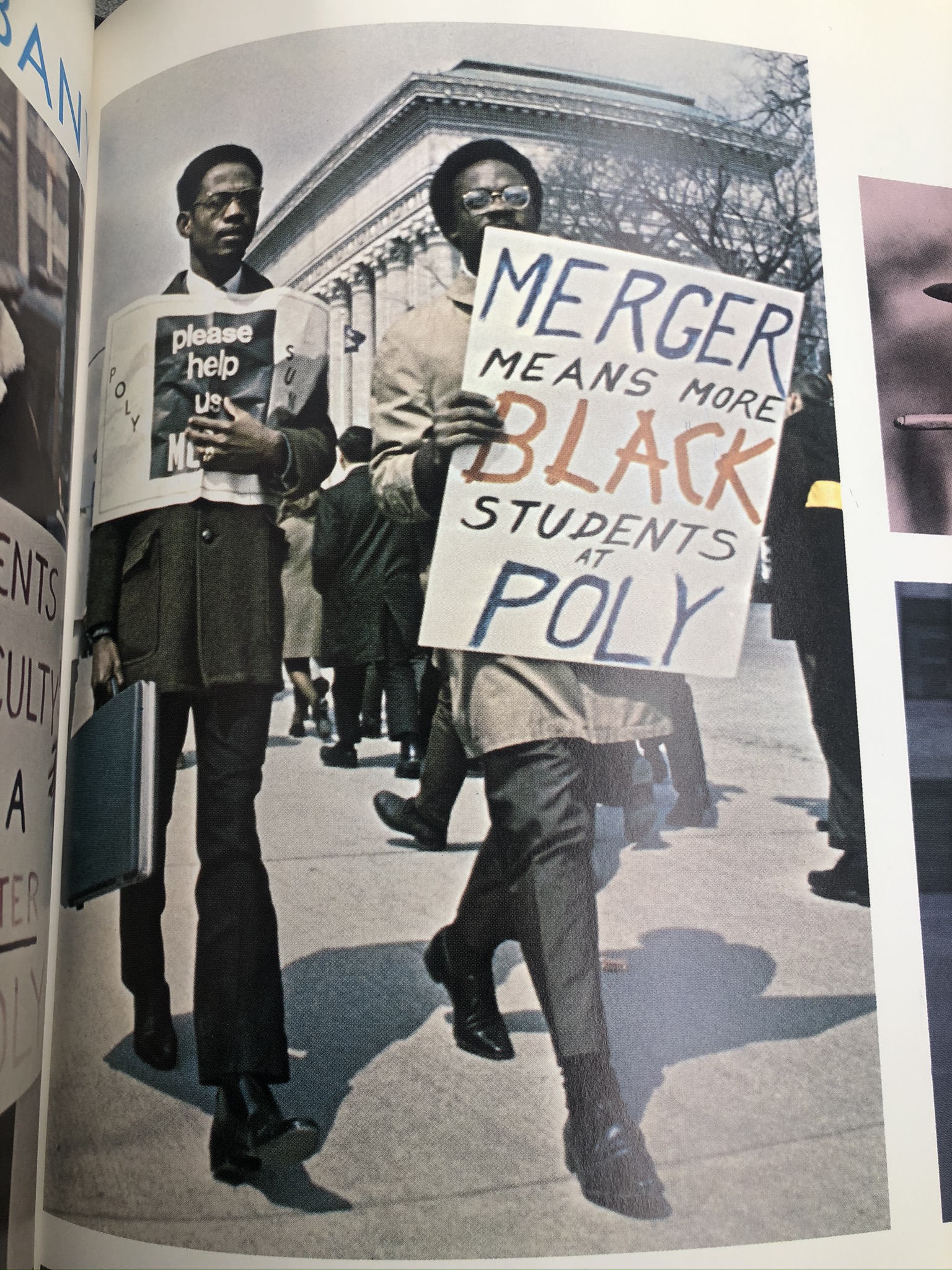 Black students protesting. Two clearly visible, one is holding up a sign that says, 'Merger Means More Black Students at Poly;'. From Polywog 1968